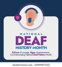 National Deaf History Month.Deaf History Month celebration banner with icon of ear wearing hearing aid.Social media post, banner to raise awareness for the Deaf community and people with hearing issue