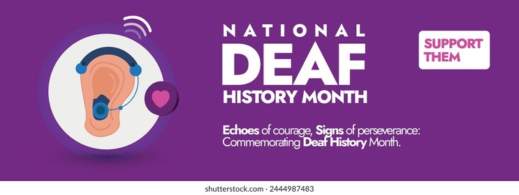 National Deaf History Month.Deaf History Month celebration cover banner with icon of ear wearing hearing aid in purple background. Social media post, banner to raise awareness for the Deaf community.