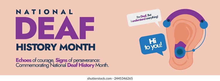 National Deaf history month.Deaf history month celebration cover banner with ear icon and hearing aid on it.Cover Banner, post to celebrate he achievements of people who are deaf and hard of hearing.