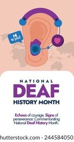 National Deaf history month.Deaf history month celebration story banner with ear icon and hearing aid on it.Cover Banner, post to celebrate he achievements of people who are deaf and hard of hearing.