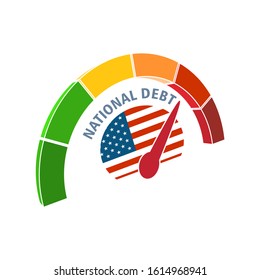 National debt meter read high level of national debt result. Color scale with arrow from green to red. The measuring device icon. Colorful infographic gauge element. National flag of USA
