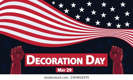National Decoration Day vector banner design with American flag colors, fist pump icons, stripes, stars and typography. American Decoration day modern minimal poster  design.