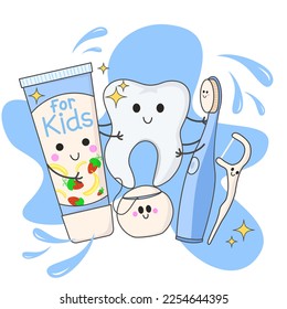 National Children’s Dental Health Month 2023. A set of accessories for brushing teeth