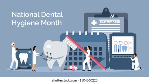 El Mes Nacional de Higiene Dental se celebra en octubre. Pequeños dentistas hacen un escaneo de rayos x de dientes para ayudar a dolor de dientes, para blanquear esmalte o implante de recuperación. Concepto vectorial de servicio dentista para la página de inicio.