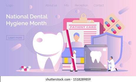 National Dental Hygiene Month celebrated in October. Tiny dentists make x-ray scan of teeth to help toothache, to whiten enamel or recovery implant. Dentist service vector concept for landing page.