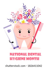 Mes nacional de higiene dental celebrado en octubre. El diente lindo es sonriendo y sujetando el cepillo y el tubo de pasta. Concepto vectorial de servicio dentista para banner.