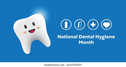 National Dental Hygiene Month. Cute teeth, mouth wash, toothbrush and more. Great for cards, banners, posters, social media and more. Blue background.