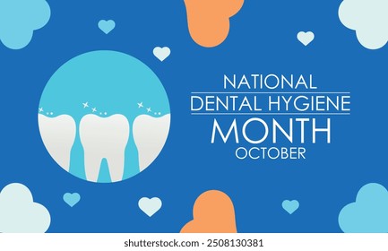 National Dental Hygiene month is observed every year on October. Banner poster, flyer and background design template. Clean teeth with brush. Vector illustration