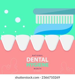 National Dental Hygiene Month on october 1, celebrate with concept vector illustration front clean tooth and above there is toothpaste and a toothbrush and text isolated on abstract background.