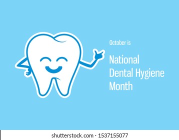 National Dental Hygiene Month vector. White tooth cartoon character. Healthy tooth vector icon. Happy tooth isolated a on blue background. Smiling tooth vector illustration. Important day