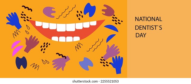 National dentist day , abstract horizontal banner. Vector doodle cartoon illustration.