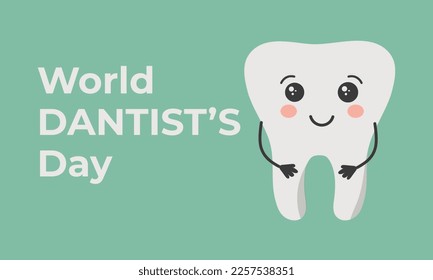 National Dentist Day in cartoon flat children's style. Postcard  and Poster, Horizontal festive banner for web design and print. Cute and happy smiling tooth. 