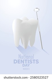 National Dentists Day 3d teeth with dental tool vector poster