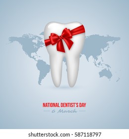 National Dentist's Day background. Realistic 3D tooth with red bow and world map. Vector illustration.