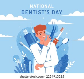 National dentists day. Man in medical coat stands in front of oral care devices. Hygiene and health. Poster or banner for website. Holiday and festival concept. Cartoon flat vector illustration