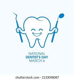 National Dentist's Day Poster with happy tooth vector. Cheerful tooth with dental tools vector. Smiling healthy tooth cartoon character. Dentists Day Poster, March 6. Important day