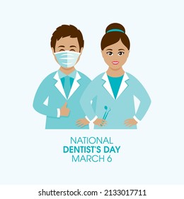 National Dentist's Day Poster With Man And Woman Dentists Vector. Happy Smiling Male And Female Dentist Icon Vector. Dentists Day Poster, March 6. Important Day