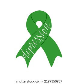 National Depression Education and Awareness Month October handwritten lettering and green support ribbon. Web banner vector template art