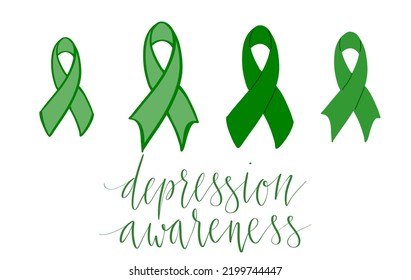 National Depression Education and Awareness Month October handwritten lettering and green support ribbon. Web banner vector template art