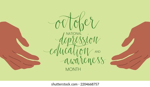 National Depression Education and Awareness Month October handwritten lettering and green support ribbon. Web banner vector template art