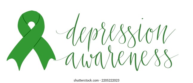 National Depression Education and Awareness Month October handwritten lettering and green support ribbon. Web banner vector template art