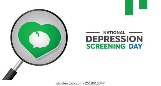 National Depression Screening Day. Magnifying glass, brain and heart. Great for cards, banners, posters, social media and more. White background.