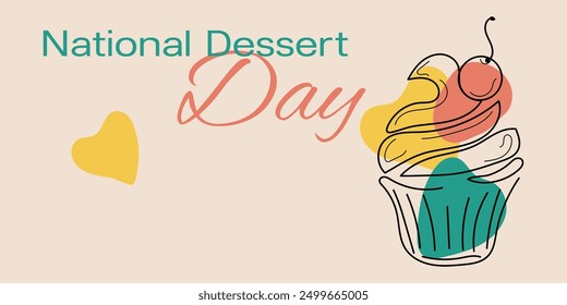 National Dessert Day colorful banner. Cupcake with cherry on plate in line art style with holiday inscription on beige background. Hand drawn, not AI vector illustration in green, red, yellow colors