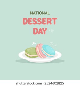 Cartel del día nacional del postre, Anuncio con malvavisco en plato... Feliz día del postre, 14 de octubre. Diseño del Vector.