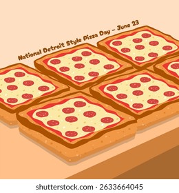 National Detroit Style Pizza Day to celebrate on June 23rd. Square-cut pizza style on table. Food event banner.