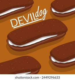 National Devil Dog Day event banner. Delicious chocolate cake filled with cream on light brown background to celebrate on April 27th