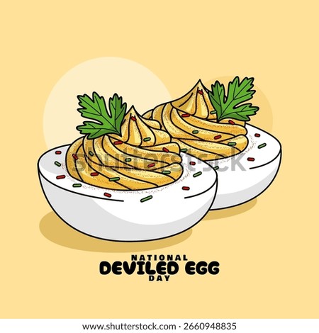 National Deviled Egg Day to celebrate on November 2nd. Hard boiled eggs and cut in half with ground mustard topping and leaves on bright yellow background. Food event banner.
