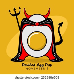 Der National Deviled Egg Day findet am 2. November statt. Illustration eines gehornten Teufelseis mit einem Teufelsspeer auf gelbem Hintergrund. Essen Banner Veranstaltung.