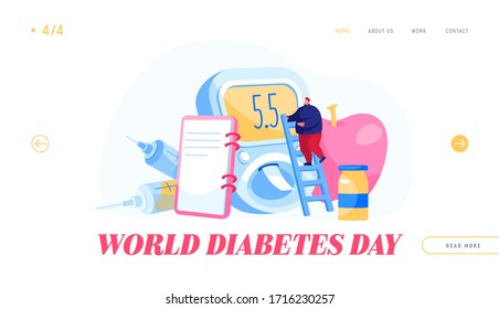 National Diabetes Day, Patient Treatment, Check Up Landing Page Template. Male Character Stand On Ladder At Huge Glucose Blood Meter With Apple, Medicine Bottle, Syringe. Cartoon Vector Illustration