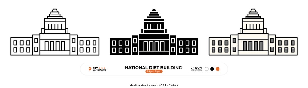 National Diet Building Line Icon. Tokyo, Japan, Landmark, Silhouette, Color Vector, Editable Stroke.
