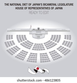 La Dieta Nacional de la legislatura bicameral de Japón. La Cámara Baja llamó a la Cámara de Representantes. Asientos editables. Perspectiva.