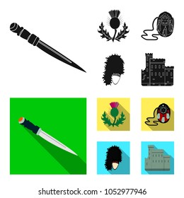 National Dirk Dagger, Thistle National Symbol, Sporran,glengarry.Scotland set collection icons in black, flat style vector symbol stock illustration web.