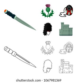 National Dirk Dagger, Thistle National Symbol, Sporran,glengarry.Scotland set collection icons in cartoon,outline style vector symbol stock illustration web.