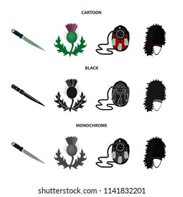 National Dirk Dagger, Thistle National Symbol, Sporran,glengarry.Scotland set collection icons in cartoon,black,monochrome style vector symbol stock illustration web.