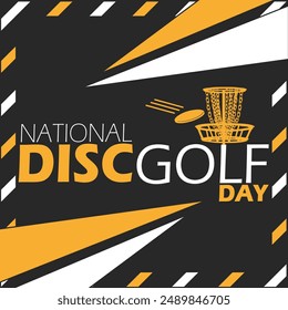 National Disc Golf Day event sport banner. Bold text with golf disc and basket ring on black background to celebrate on August