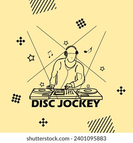 National Disc Jockey Day event banner. Illustration of a disc jockey or DJ playing his DJ music equipment, with bold text on light yellow background to celebrate on January 20