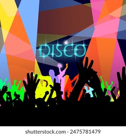 National Disco Day event banner. Scene in busy night club with people having fun and colorful disco lights to celebrate on July 2nd in New Zealand