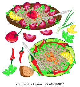 The national dish of Asia .A plate of ready-made food. Poster menu advertising restaurant.
