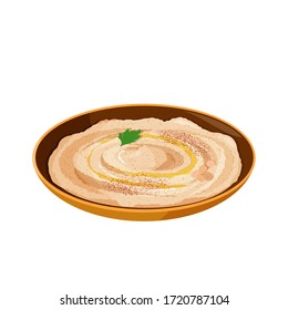 National dish of Jewish cuisine Hummus in ceramic bowl. Realistic vector illustration.