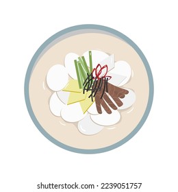 National dish for lunar new year or seollal tteok-guk cut out. Korean traditional soup tteokguk isolated. Oriental holiday tet food in simple flat style. Vector stock illustration.