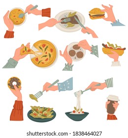 National dishes and cuisine, eating soup and cheeseburger, sweet glazed donut and salad. Delicious pasta and pizza, taco or burrito with meat and veggies. Dieting and nutrition, vector in flat