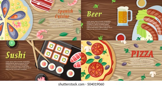 National dishes and drinks web banners. Pizza, beer, sushi, sea food horizontal concepts on wooden background. German, Japanese, Italian, Spanish cuisine famous dishes. For restaurants web page design