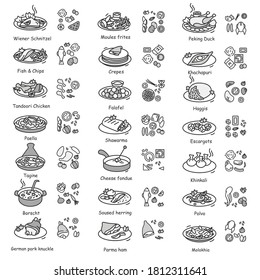 National dishes icons set. Traditional cuisine recipes and ingredients linear pictograms. European, Asian and Eastern gourmet food cooking and restaurant menu illustrations. Editable stroke vectors