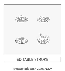 National dishes line icons set. Wiener Schnitzel,fish and chips,tandoori chicken, peking duck.Traditional cuisine recipes and ingredients. Food concepts. Isolated vector illustrations. Editable stroke