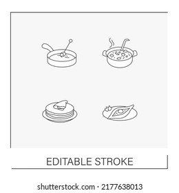 National dishes line icons set. Borscht, cheese fondue, crepes, khachapuri.Traditional cuisine recipes and ingredients for restaurants. Food concepts. Isolated vector illustrations. Editable stroke