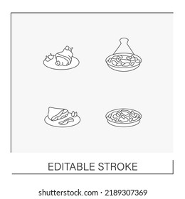 National dishes line icons set. Parma ham, pork knuckle, tagine, paella.Traditional cuisine recipes and ingredients for restaurants. Food concepts. Isolated vector illustrations. Editable stroke